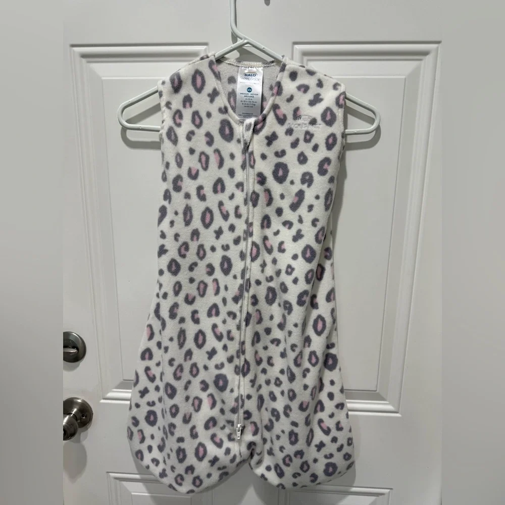 Halo Kids Fleece Sleep Sack - White with Pink & Gray Leopard Print